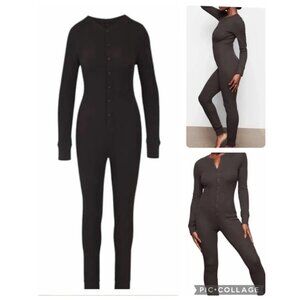 SKIMS Waffle Knit Onesie Long John Pajamas Dark Chocolate XXS